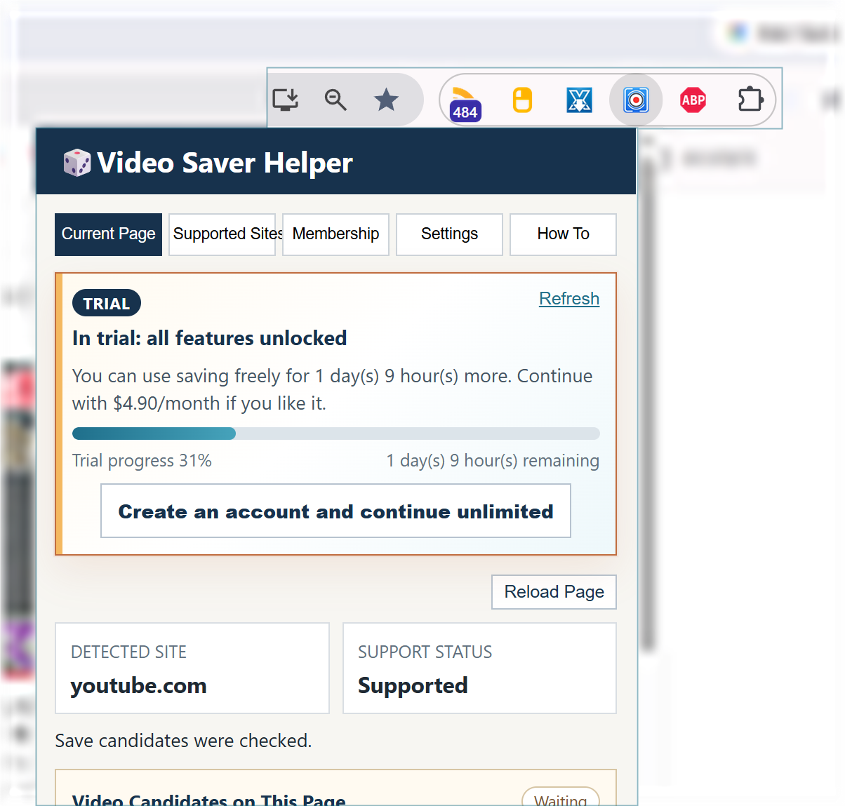Real screenshot for opening the Video Saver Helper extension panel