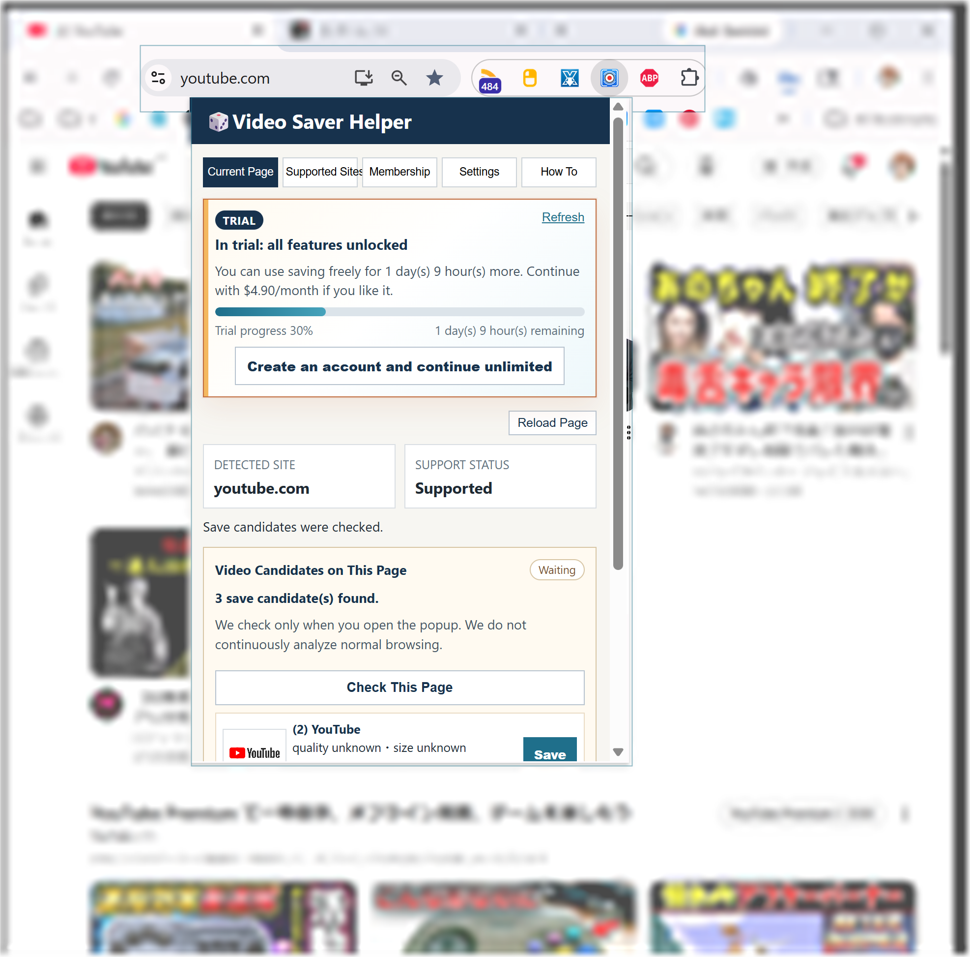 Open a target video page with Video Saver Helper panel visible